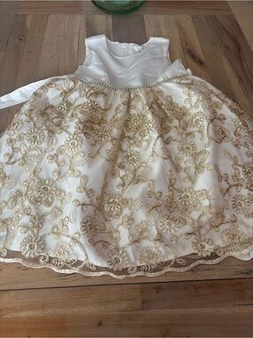 Biscotti White Satin Girls Dress with Subtle Gold Accent